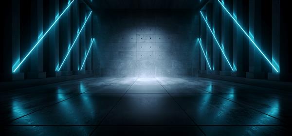 سیمان بتن علمی تخیلی آینده نئون سایبری نورهای لیزری برقی درخشان آبی تونل راهرو ستون های راهرو پس زمینه تاریک سفینه فضایی زیرزمینی تصویر رندر سه بعدی