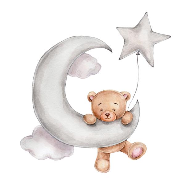 خرس عروسکی زیبا با بادکنک ستاره ای روی ماه تصویر کشیده شده با آبرنگ می توان برای پوستر یا کارت کودک استفاده کرد با زمینه سفید جدا شده