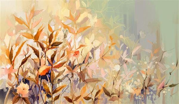 نقاشی انتزاعی رنگ روغن گل رنگارنگ با برگ نارنجی قرمز زرد تصویر نقاشی شده با دست طبیعت پاییز فصل پاییز طراحی رنگ برای کاغذ دیواری طبیعی پس زمینه رنگی گلدار