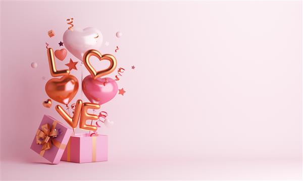 تزیین روز ولنتاین مبارک با جعبه هدیه متن عاشقانه بادکنک قلبی با فضای کپی تصویر رندر سه بعدی