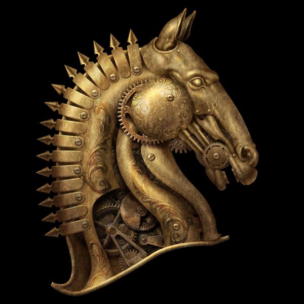 سر اسب طلایی Steampunk - تصویر سه بعدی