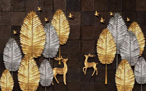 الگوی تصویر سه بعدی چوب گل طلایی و خاکستری گوزن طلایی و پرندگان