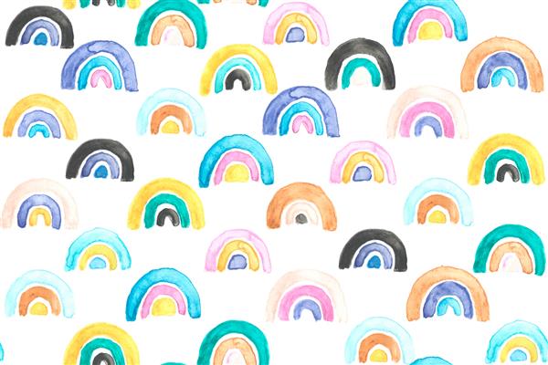 الگوی بدون درز رنگین کمان آبرنگ به سبک کودکانه برای پوشیدن کودکان طرح رنگین کمان دستی برای کودکان پارچه بسته بندی پارچه کاغذ دیواری