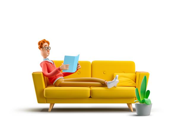 نرد لری در حال خواندن کتاب روی کاناپه تصویر سه بعدی