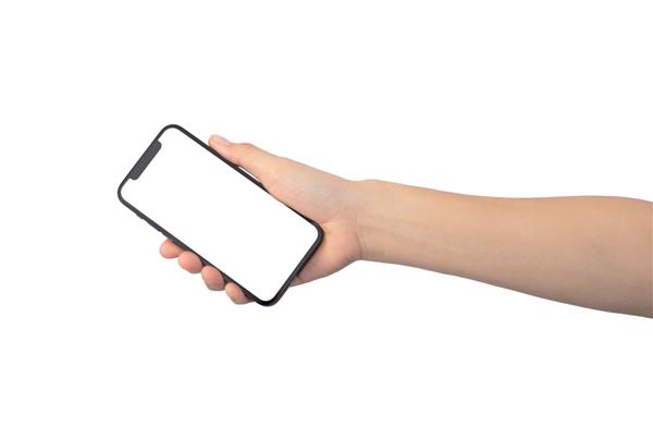 از نزدیک گوشی را با دست نگه دارید که روی صفحه سفید رنگی سفید ماکت گوشی هوشمند جدا شده است