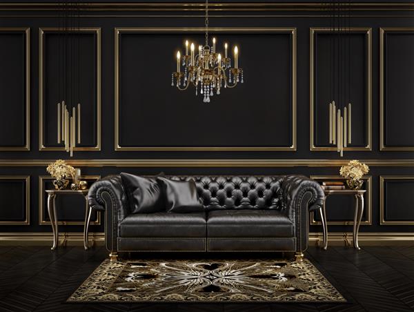 فضای داخلی کلاسیک سیاه و طلایی با مبل چرمی مشکی لوستر قالب‌بندی رندر سه بعدی