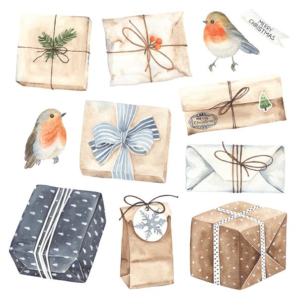 هدایای کریسمس آبرنگ و پرندگان رابین جعبه و نامه های کادو در پس زمینه سفید مجموعه ای از اشیاء تعطیلات نمادها و نشان ها در سبک قدیمی
