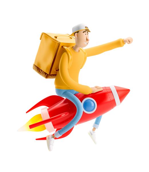 تحویل‌دهنده روی موشک با سفارش فوری در پایه‌های یونیفرم زرد با کیسه بزرگ پرواز می‌کند تصویر سه بعدی شخصیت کارتونی مفهوم تحویل سریع