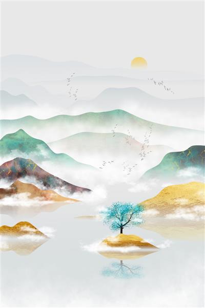 طراحی کاغذ دیواری هنر انتزاعی آثار هنری دیجیتال هنر مدرن با کوه و خورشید