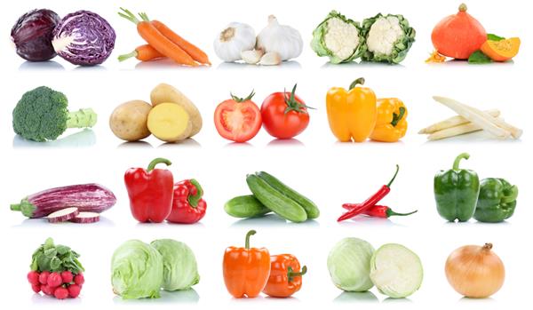 مجموعه ای از سبزیجات گوجه فرنگی هویج کاهو کدو تنبل غذای تازه سیب زمینی سبزیجات جدا شده در پس زمینه سفید