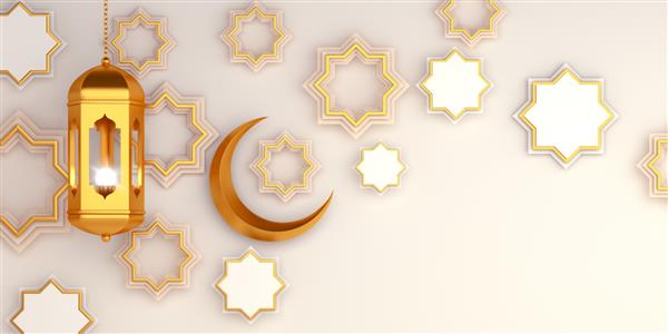 تزیین ستاره هندسی عربی فانوس هلال در زمینه سفید طراحی مفهوم خلاقانه جشن اسلامی روز رمضان کریم یا عید فطر قسمت متن فضای کپی تصویر سه بعدی