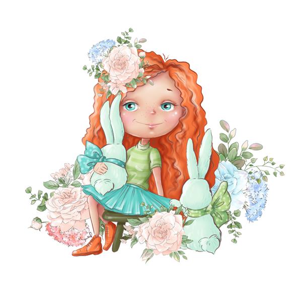 تصویر آبرنگ دختر کارتونی ناز با گل های رز ظریف