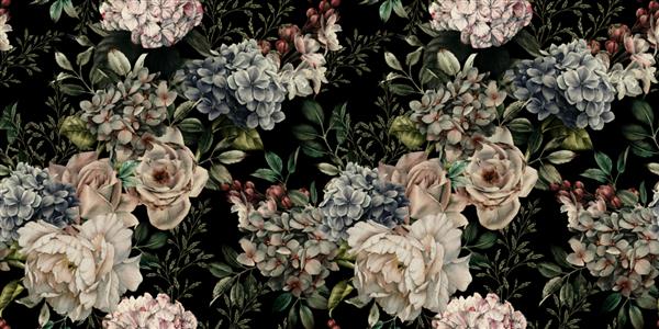 الگوی گل بدون درز با گل در پس زمینه تیره آبرنگ طراحی قالب برای منسوجات داخلی لباس کاغذ دیواری هنر گیاه شناسی