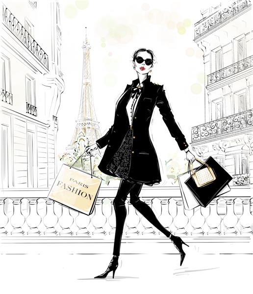 زن جوان زیبا با کیف کشیده شده با دست ظاهر مد دختر شیک پوش با لباس های مد با پس زمینه خیابان پاریس زن با کت مشکی طرح تصویرسازی مد
