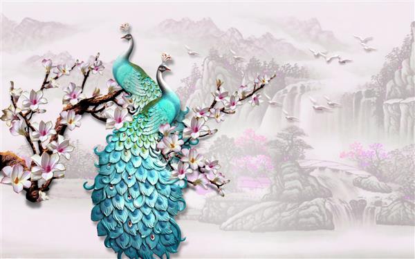 کاغذ دیواری سه بعدی طاووس - تصویر سه بعدی