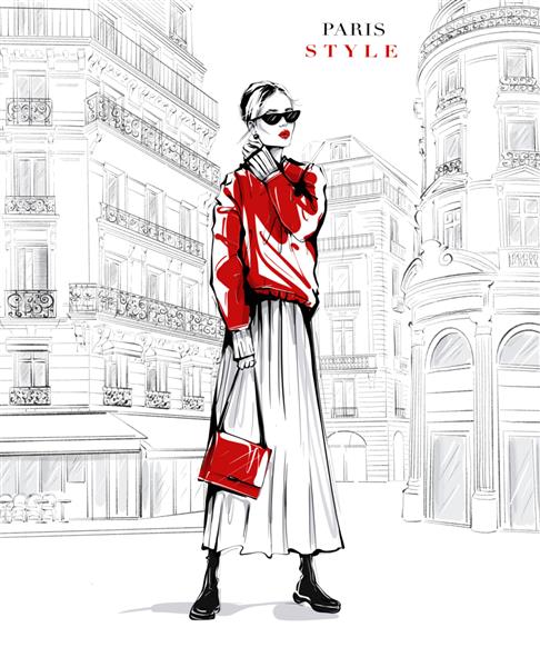 زن جوان زیبای دستی با عینک آفتابی زن مد با ژاکت قرمز دختری با لباس های مد با پس زمینه خیابان پاریس طرح تصویرسازی مد