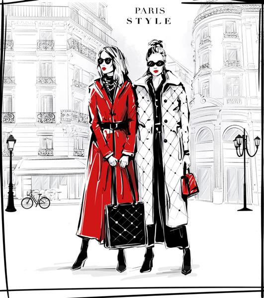 نقاشی دستی دو زن جوان زیبا با عینک آفتابی زنان مد با پس زمینه خیابان پاریس دختران در لباس های مد طرح تصویرسازی مد