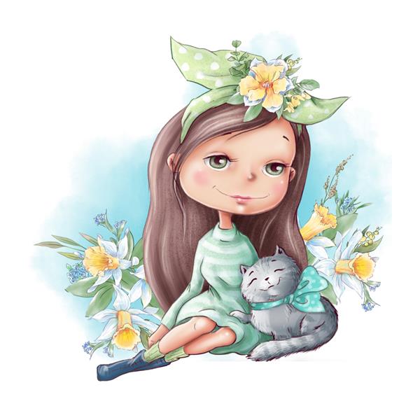 دختر کارتونی ناز با یک گربه و دوستان با گل های بهاری