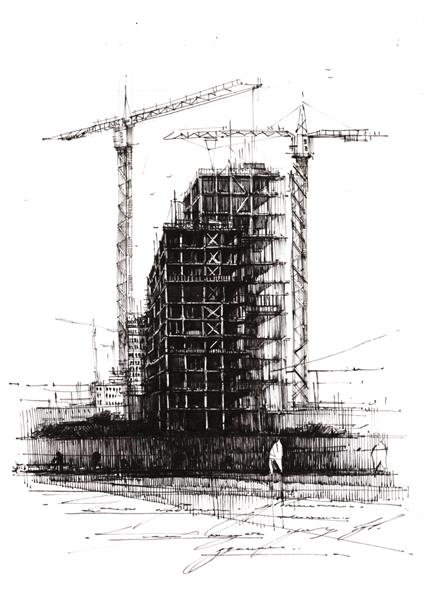 ساختمان چند طبقه در محل ساخت و ساز تصویر قلم مو جوهر دستی نقاشی طرح سازه ناتمام بلندمرتبه و جرثقیل های ساختمانی با کتیبه های دست نویس ناخوانا