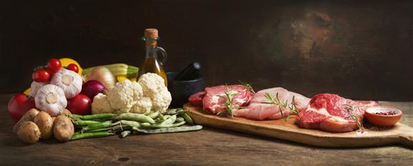 انواع استیک گوشت تازه گوشت گاو خوک و بوقلمون و مواد لازم برای پخت روی میز چوبی
