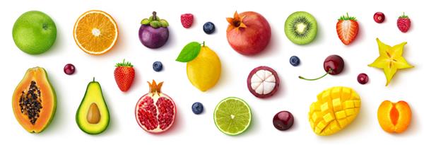 مجموعه ای از میوه ها و انواع توت ها تخت خواب نمای بالا سیب توت فرنگی انار انبه آووکادو پرتقال لیمو کیوی هلو جدا شده در پس زمینه سفید