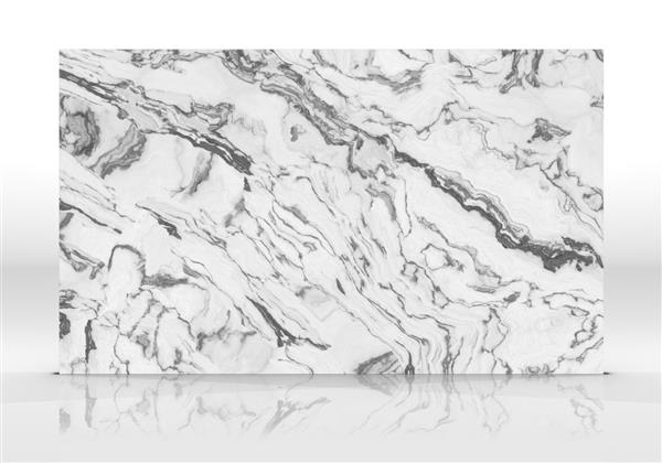 کاشی مرمر سفید روی پس زمینه سفید با بازتاب و سایه ایستاده است بافت برای طراحی تصویر دو بعدی زیبایی طبیعی