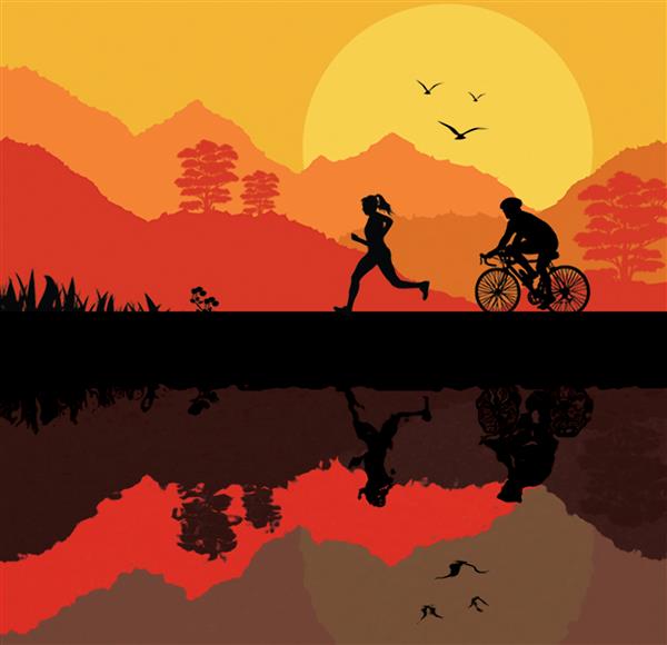 silhouette تصویر یک زن در حال دویدن و یک مرد دوچرخه سواری در کنار دریاچه هنگام غروب خورشید
