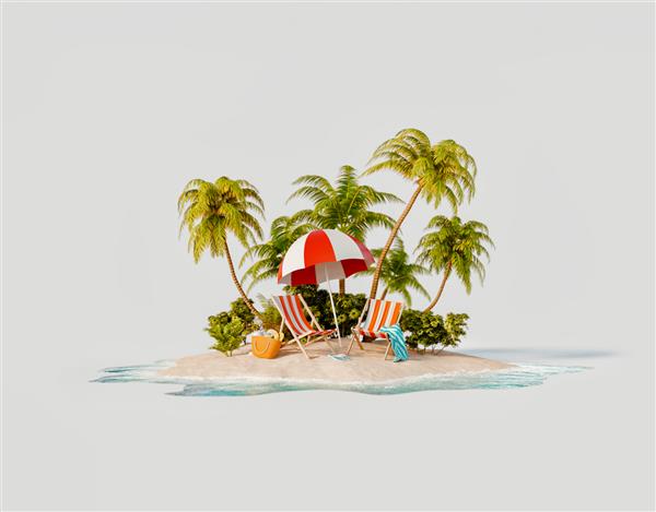 تصویر سه بعدی غیرمعمول از یک جزیره گرمسیری دو صندلی عرشه زیر چتر در یک ساحل زیبا مفهوم سفر و تعطیلات