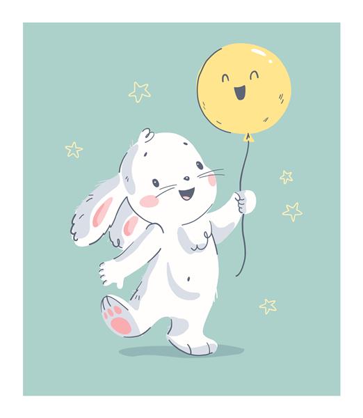 تصویر کشیده شده با دست با بالون هوای نگهدارنده خرگوش کوچک و بامزه جدا شده برای کارت تبریک تولد دوست داشتنی چاپ مهد کودک پوستر جشن تولد نوزاد برچسب هدیه بنر برچسب دعوت نامه