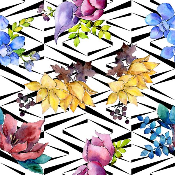 ترکیب دسته گل گل های گیاهی گل وحشی برگ وحشی بهاری مجموعه تصویرسازی آبرنگ آکواریل مد طراحی آبرنگ الگوی پس زمینه بدون درز بافت چاپ کاغذ دیواری پارچه ای