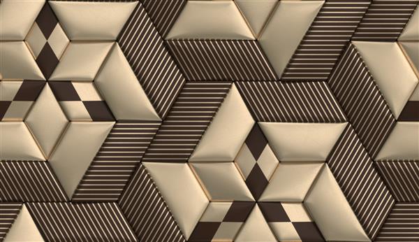 کاشی های هندسی نرم سه بعدی ساخته شده از چرم قهوه ای و طلایی با راه راه های تزئینی طلایی و لوزی بافت واقعی بدون درز با کیفیت بالا