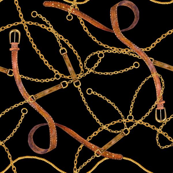 زنجیر طلایی الگوی بدون درز زرق و برق کمربند بافت مد آبرنگ با زنجیرهای طلایی مختلف و کمربندهای چرمی در زمینه مشکی چاپ برای پارچه پارچه کاغذ دیواری بسته بندی