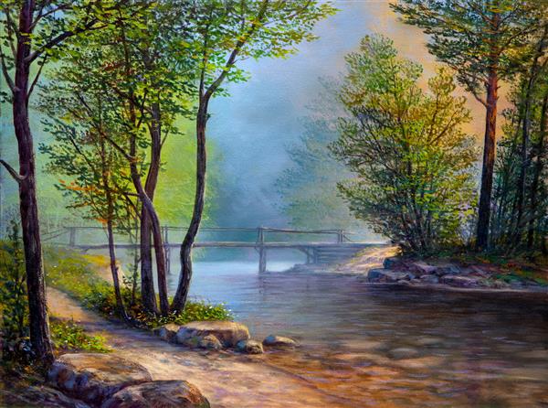 منظره نقاشی رنگ روغن جنگل رنگارنگ تابستانی رودخانه زیبا با پل