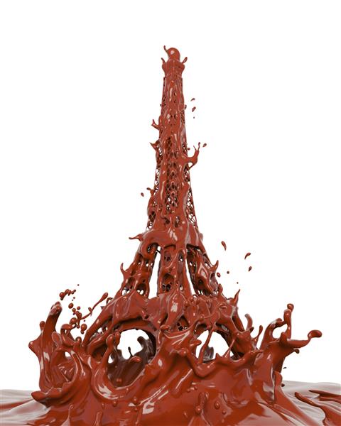 پاشیدن مایع طعم خامه شکلاتی به شکل برج ایفل پاریس جدا شده در پس زمینه سفید مفهوم نوشیدنی طراحی خلاقانه تصویر رندر سه بعدی