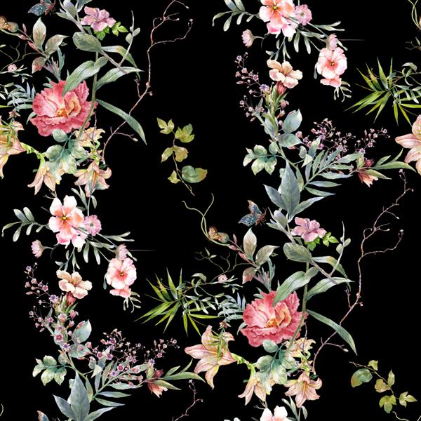 نقاشی آبرنگ از برگ و گل الگوی بدون درز در زمینه تیره