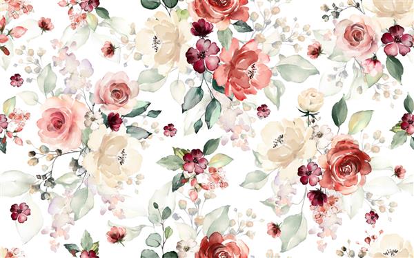الگوی بدون درز با گل و برگ پس زمینه طراحی شده با دست الگوی گل برای کاغذ دیواری یا پارچه گل رز کاشی گیاه شناسی