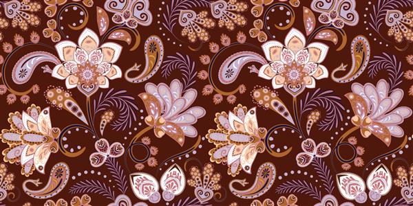 الگوی بدون درز با گل های فانتزی کاغذ دیواری طبیعی تصویر حلقه تزئینی گل عناصر طراحی شده با دست چاپ پیزلی دکور خانه یاسی روی قهوه ای