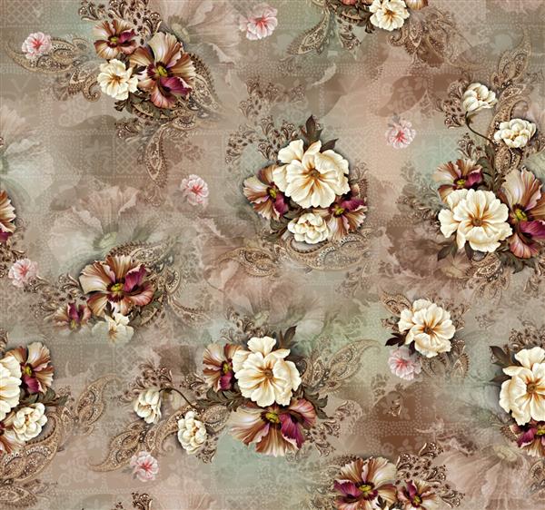 دسته گل بدون درز از گل کرم آبرنگ زیبا با پس‌زمینه هنر گل‌های انتزاعی دیجیتالی پیزلی