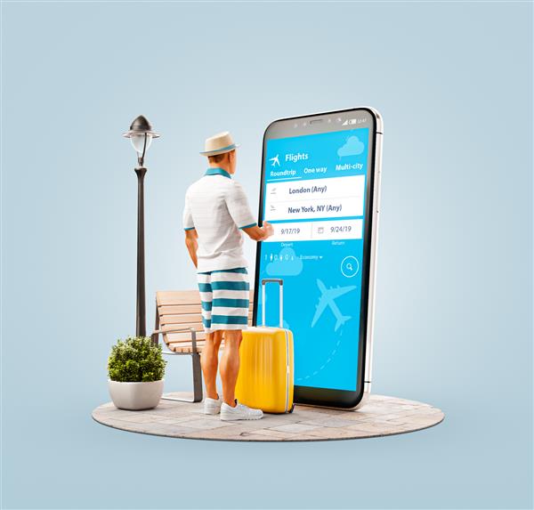 تصویر سه بعدی غیرمعمول مرد جوانی که در مقابل گوشی هوشمند ایستاده و از برنامه جمع‌آوری کرایه سفر برای جستجوی پروازها استفاده می‌کند مفهوم اپلیکیشن های جستجو و رزرو پروازهای ارزان
