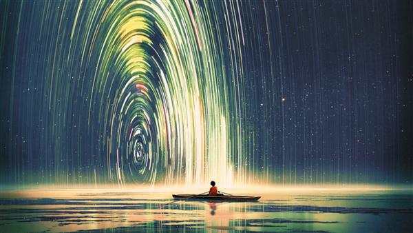پسری در حال پارو زدن با قایق در دریای شب پر ستاره با نور مرموز سبک هنر دیجیتال نقاشی مصور