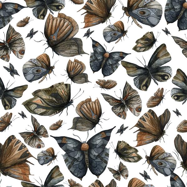 الگوی بدون درز با ست پروانه های تیره شب پس زمینه طراحی فانتزی انتزاعی برای چاپ پوستر پارچه کاغذ دیواری تصویرسازی آبرنگ