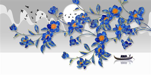 تصویر سه بعدی از گل های آبی خیره کننده و پرندگان در حال پرواز طراحی برای کاغذ دیواری یا نقاشی تزئینی