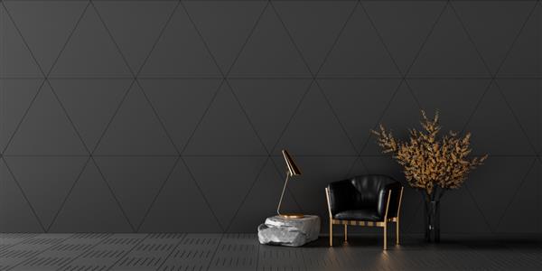 طراحی داخلی اتاق نشیمن مدرن با صندلی راحتی چرمی مشکی و دکوراسیون طلایی رندر سه بعدی تصویر سه بعدی