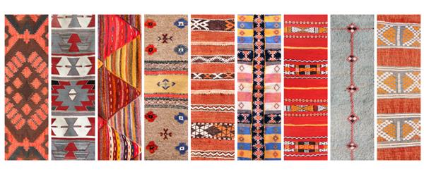 مجموعه ای از بنرهای عمودی یا افقی با بافت فرش پشمی سنتی بربر با طرح هندسی مراکش آفریقا