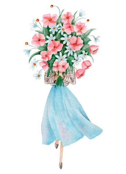 دختر آبرنگ با گل تصویر زیبا دختری با لباس آبی دسته گل بزرگ