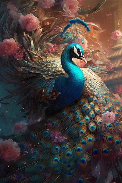طاووس روی گل پس‌زمینه زیبا Luxury Generative AI