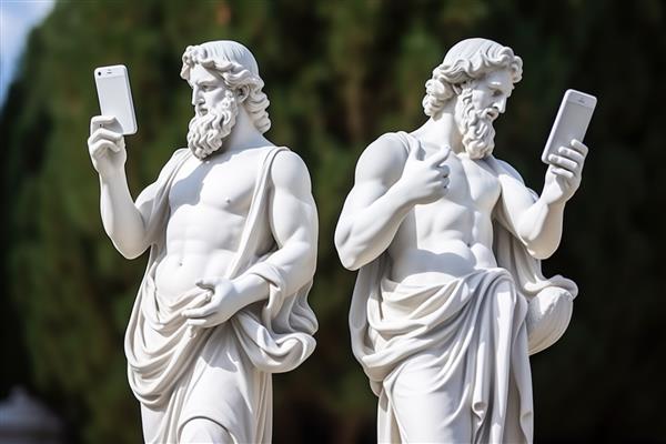 هنر معاصر با خدایان یونان باستان به سبک سوررئالیستی و دست‌هایی که گوشی‌های هوشمند در دست دارند مجسمه‌های سفید مردان در سنگ مرمر پوستر هنر مفهومی مدرن