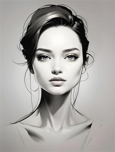 نقاشی سیاه و سفید چهره دختر زیبا با موهای مشکی براق