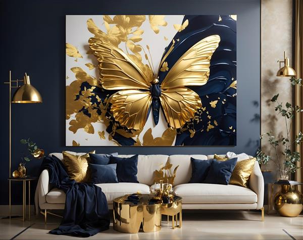 دکوراسیون داخلی مشکی طلایی با تابلو نقاشی برجسته پروانه طلایی