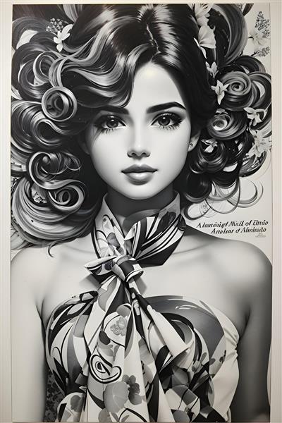 نقاشی سیاه قلم دختر زیبا با موهای مشکی و تاج گل به سبک انیمه